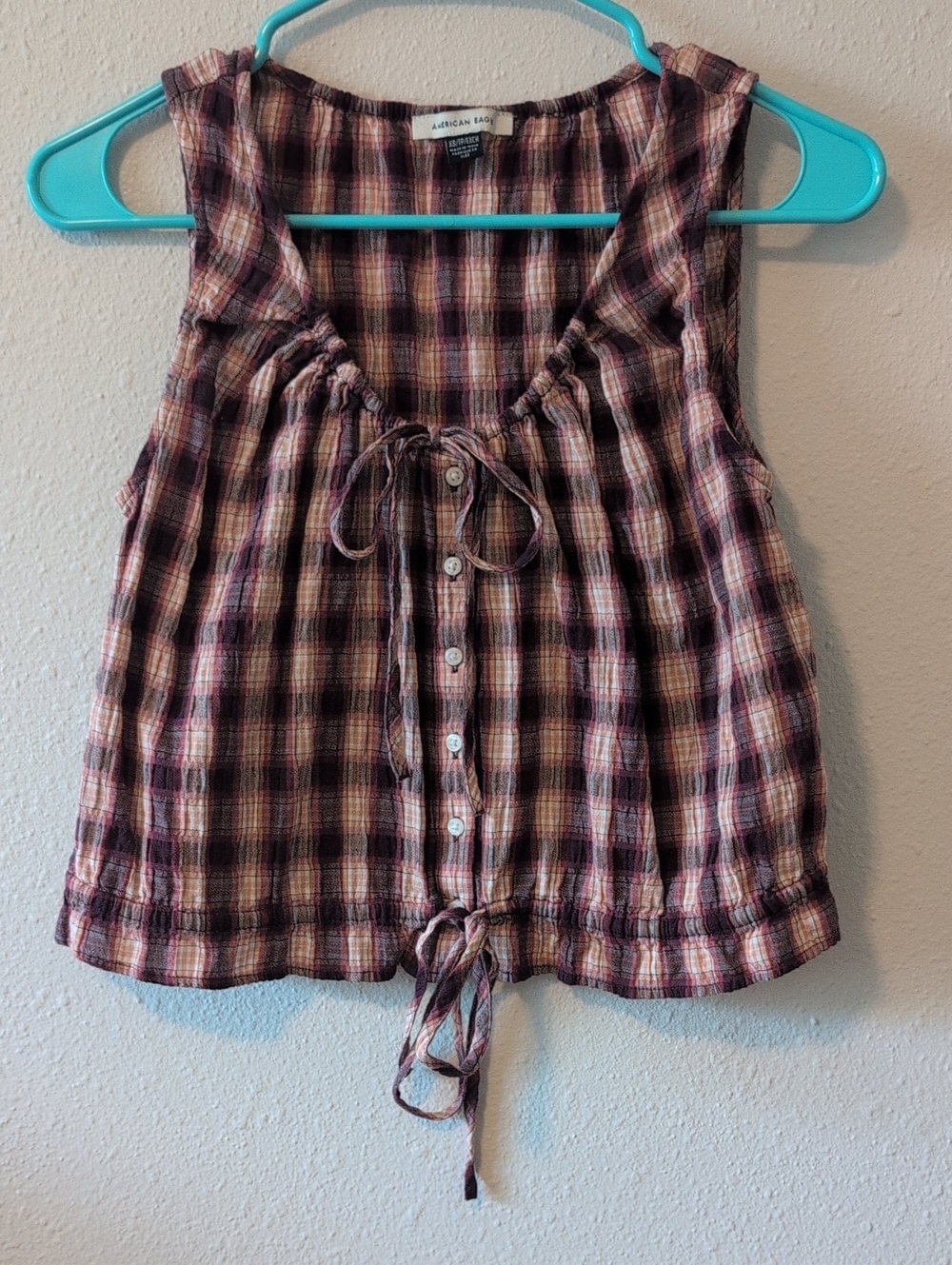 American Eagle Crop Rust Plaid Tie-Front Tank Top